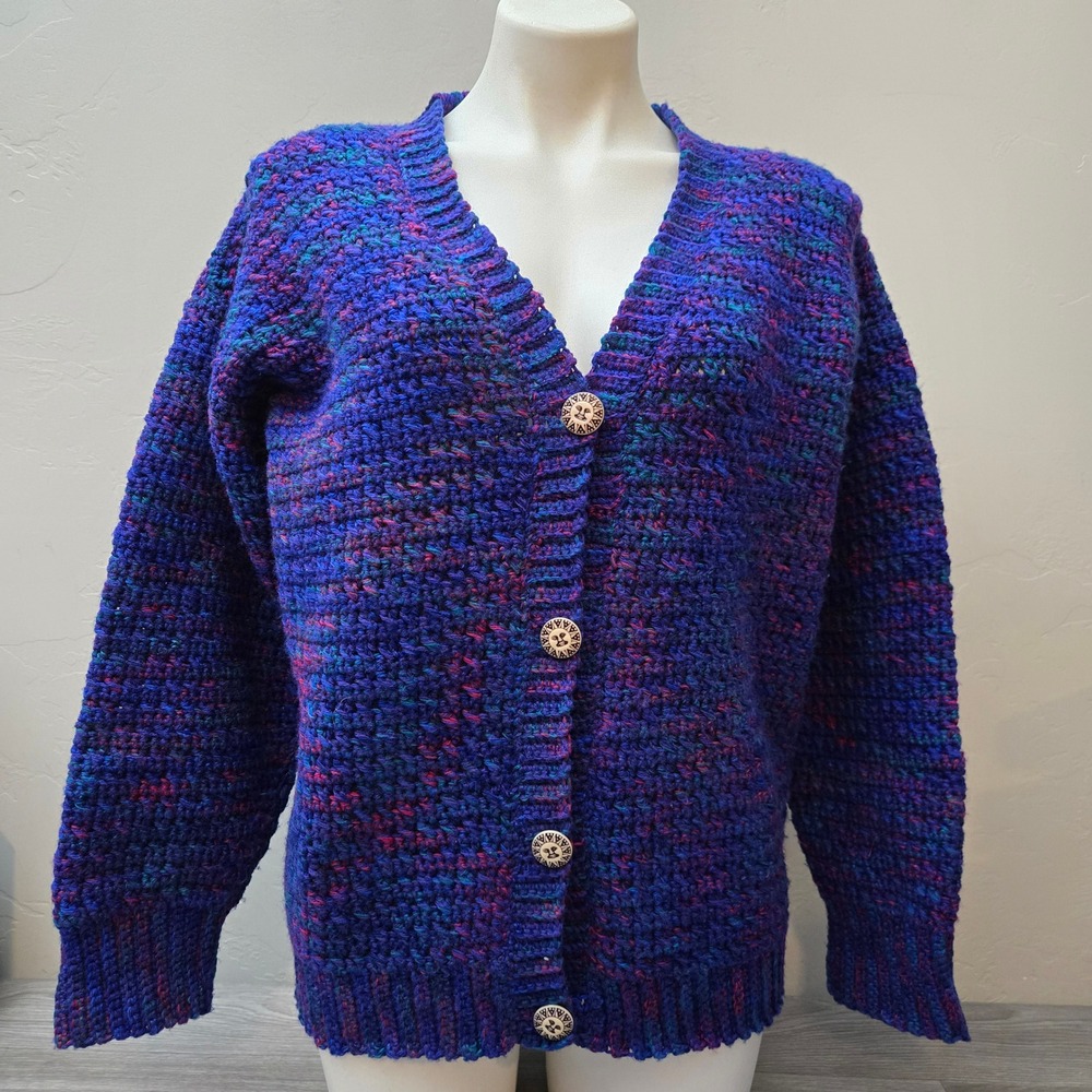 Handmade Purple Crochet Knit Sweater Cardigan Size M Boho Celestial Sun Button